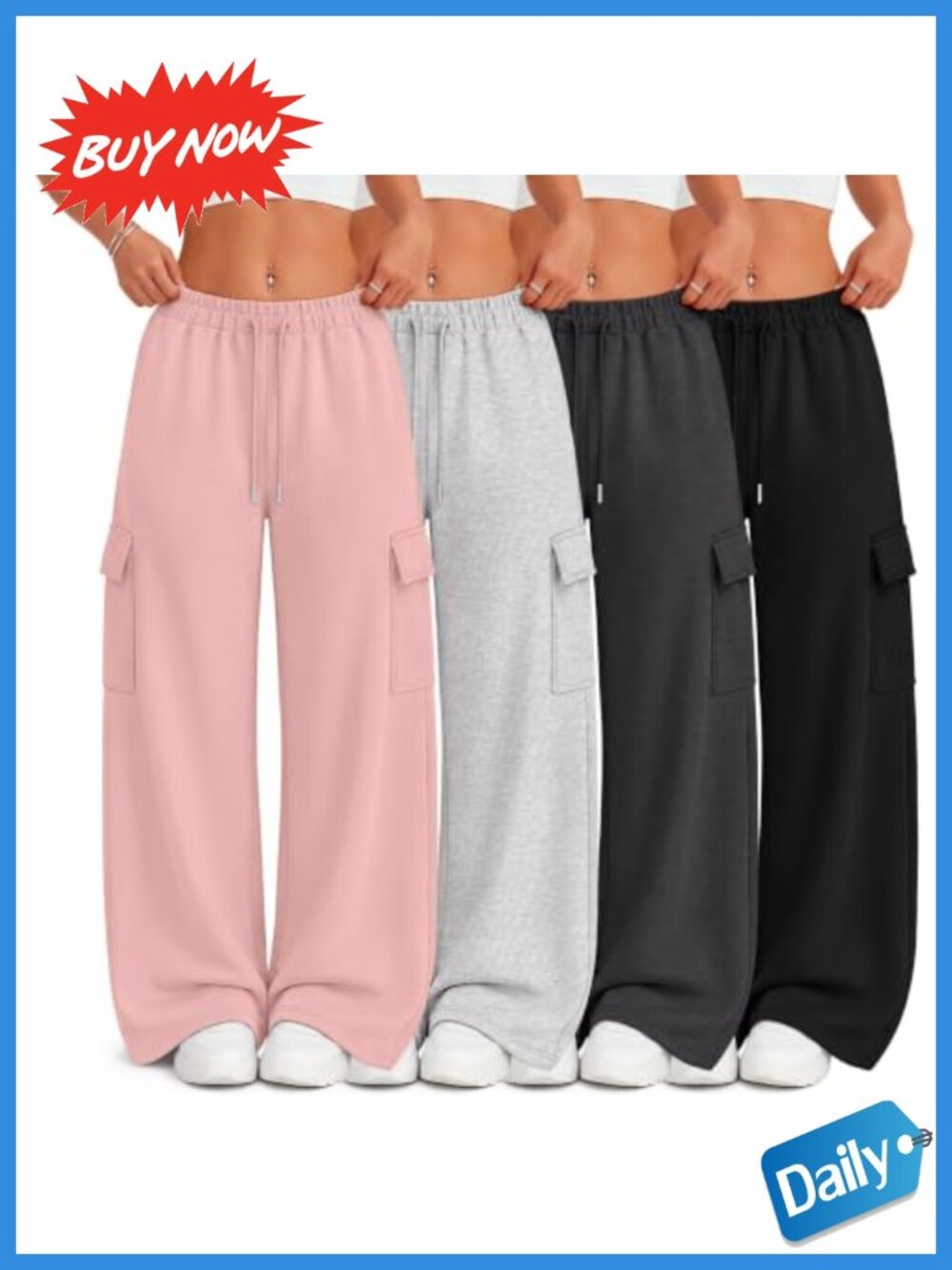 4 Pack Women's Cargo Sweatpants Baggy Wide Leg Pants Polyester Comfy Lounge